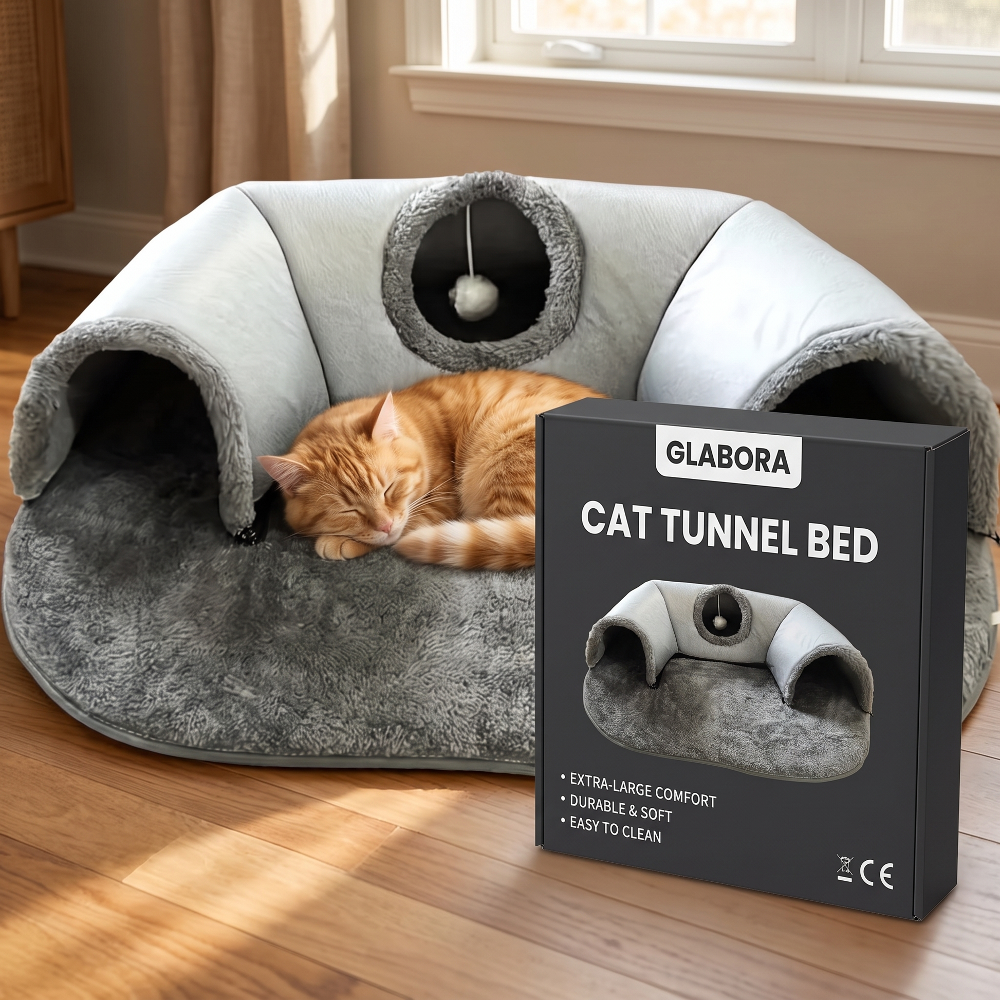 Cat Tunnel Bed GLABORA - lifestyle with packaging