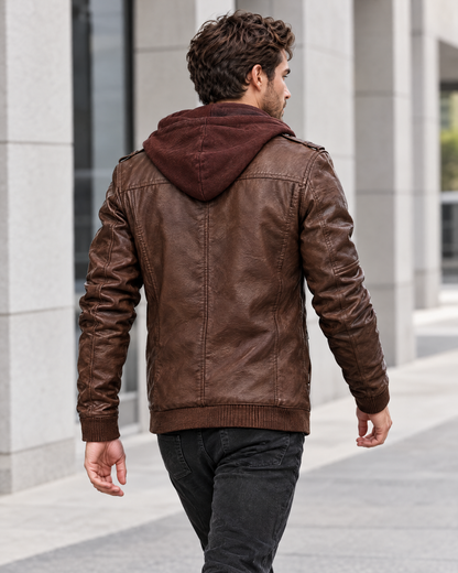 Giacca uomo effetto pelle con cappuccio, vista posteriore e vestibilità sulle spalle