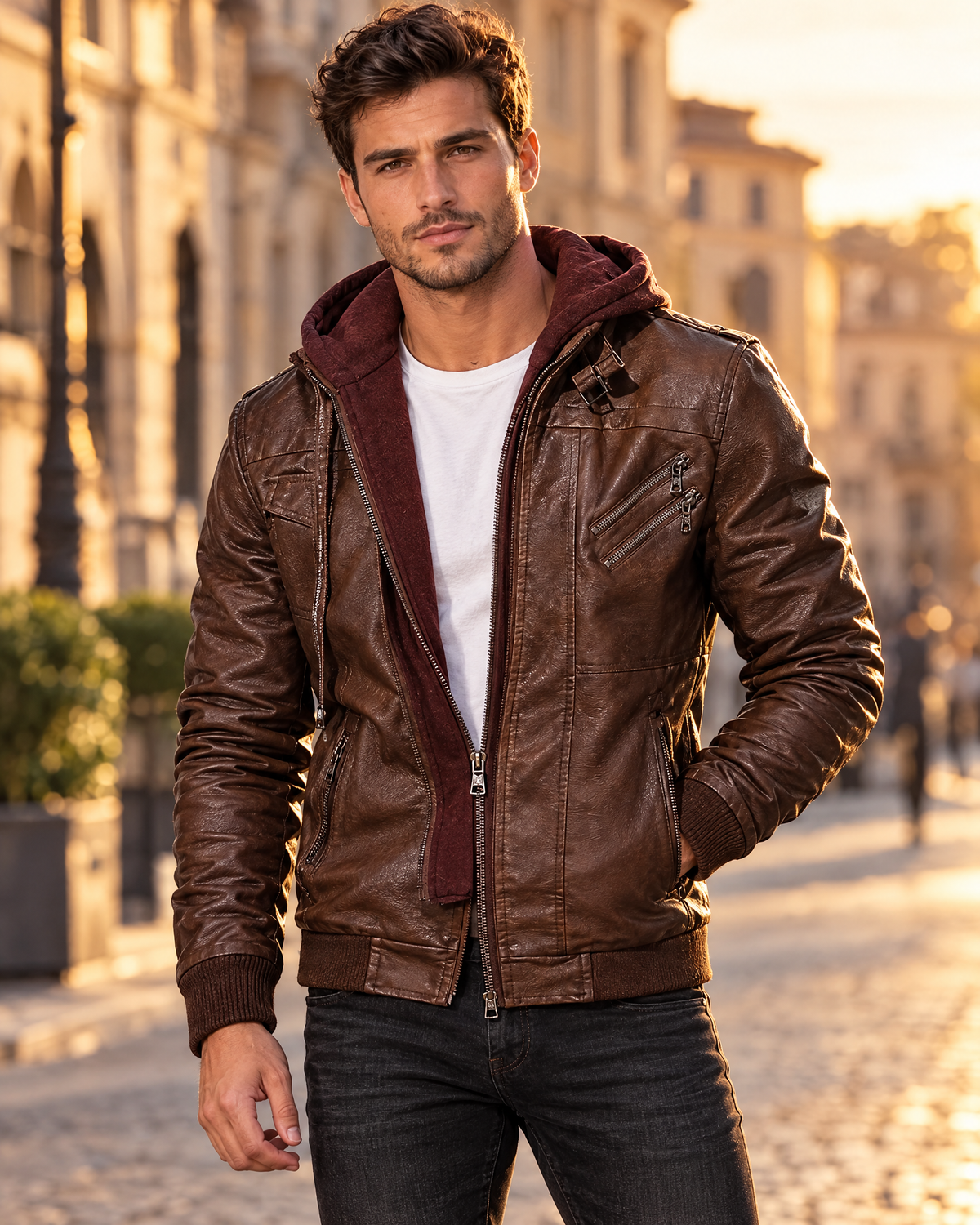 Giacca uomo con cappuccio effetto pelle, look urbano al tramonto