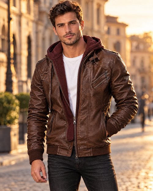 Giacca uomo con cappuccio effetto pelle, look urbano al tramonto