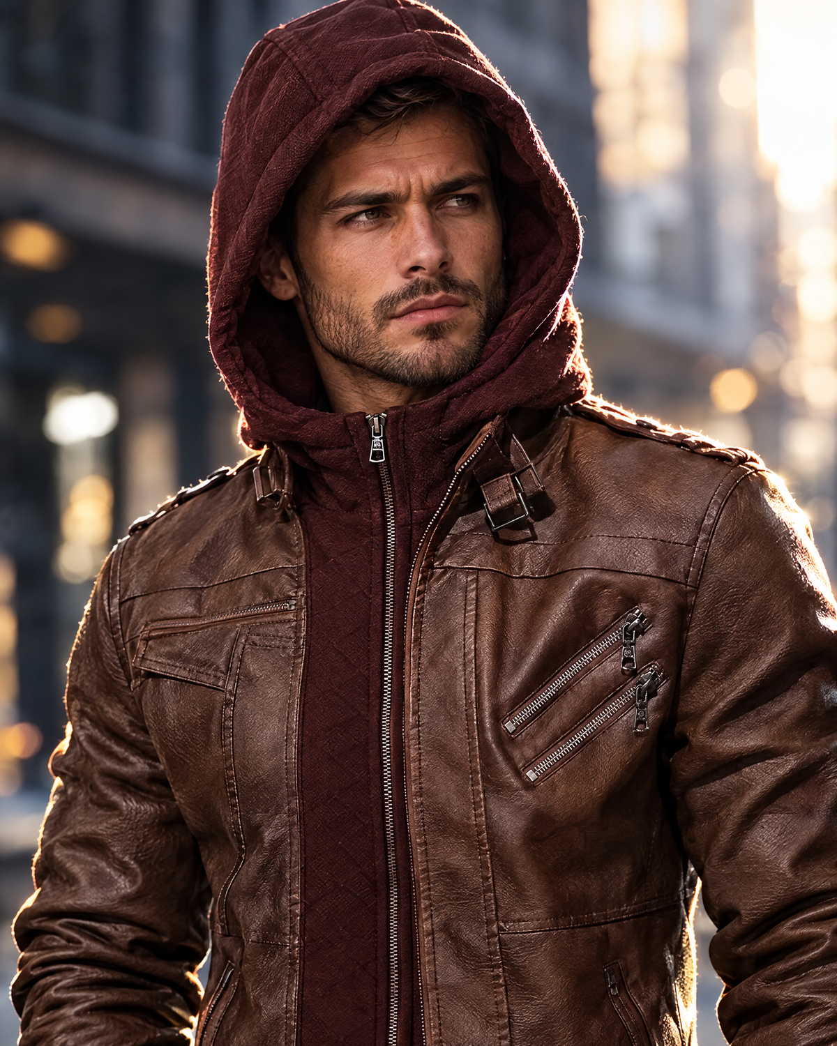 Giacca uomo effetto pelle indossata con il cappuccio alzato