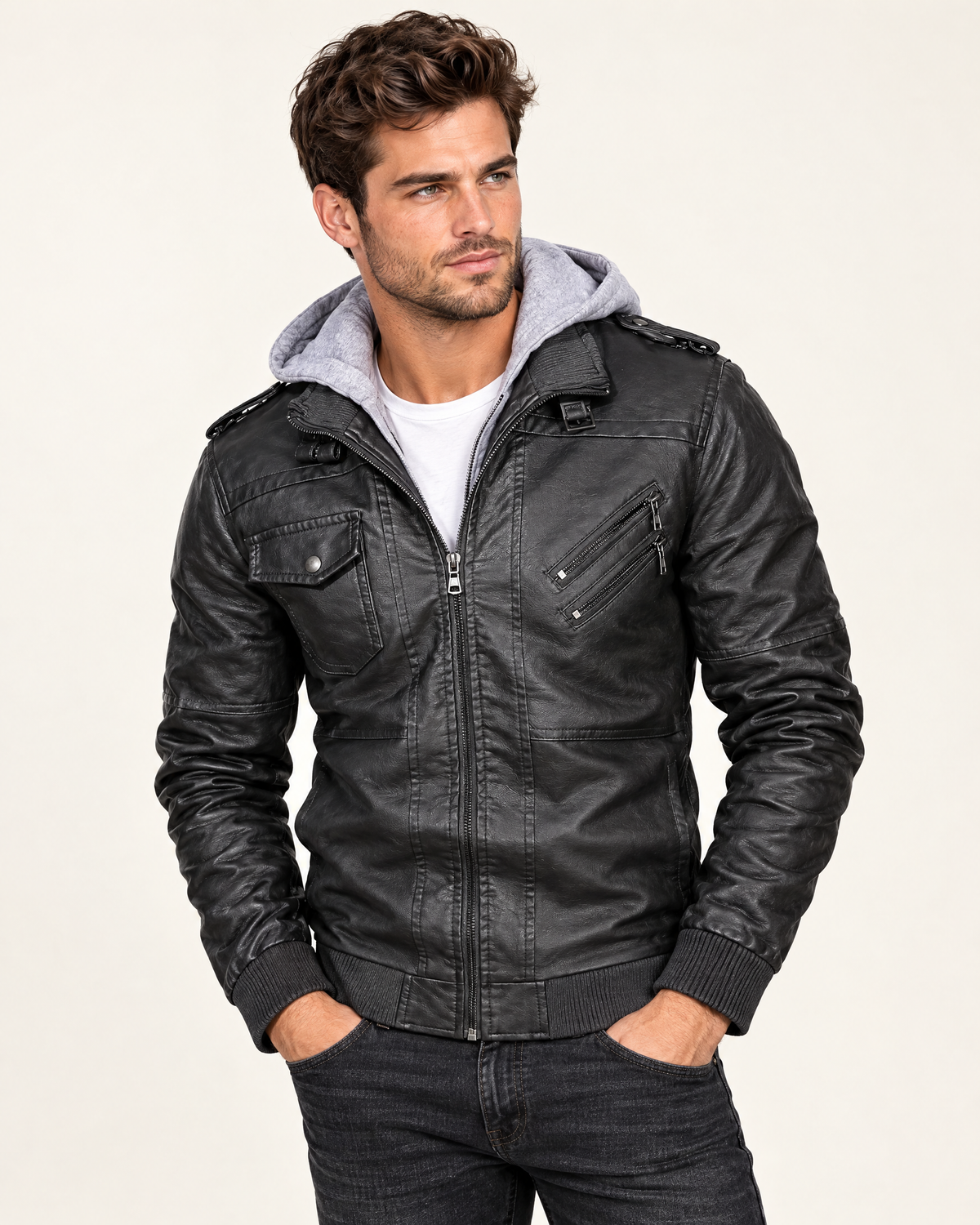 Giacca uomo effetto pelle, colore Nero Grigio con cappuccio grigio chiaro