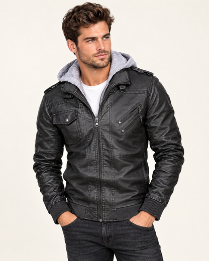 Giacca uomo effetto pelle, colore Nero Grigio con cappuccio grigio chiaro