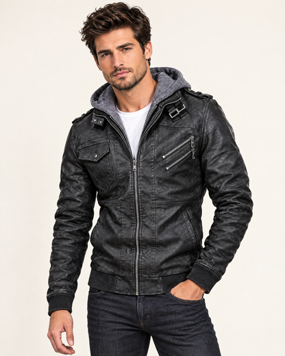 Giacca uomo effetto pelle, colore Nero con cappuccio grigio chiaro