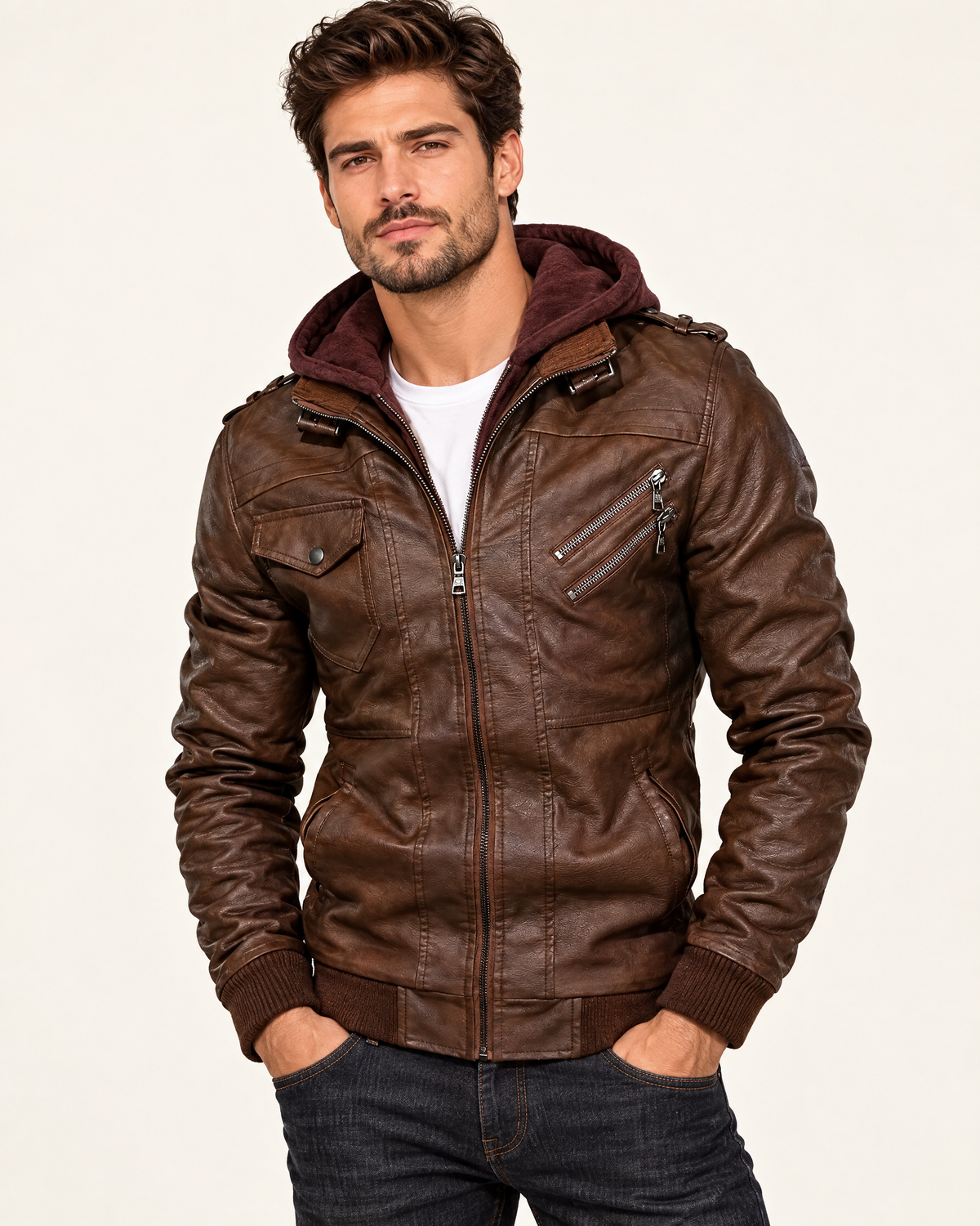 Giacca uomo effetto pelle, colore Marrone Rosso con cappuccio rosso scuro