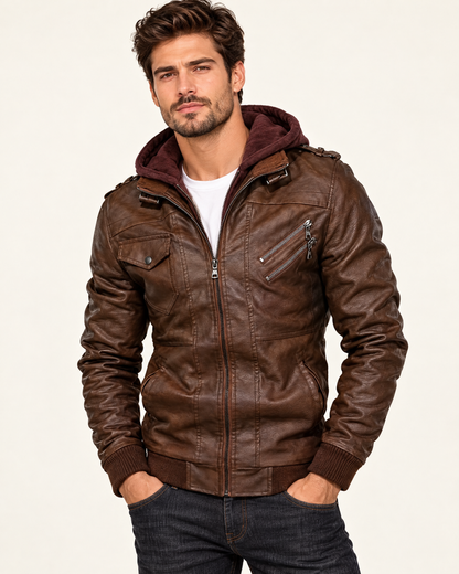 Giacca uomo effetto pelle, colore Marrone Rosso con cappuccio rosso scuro