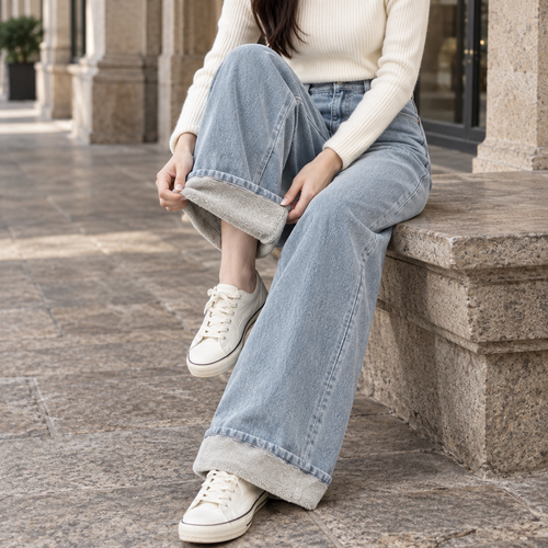 Fortunata | Women's High-Waisted Fleece-Lined Wide-Leg Jeans - Winter Warmth