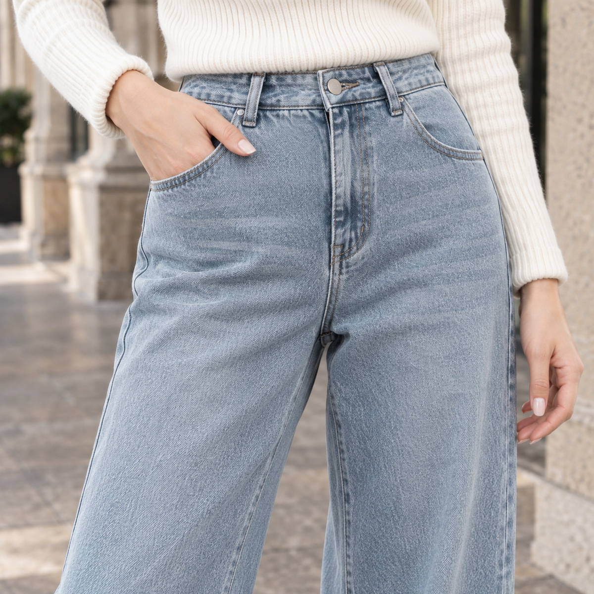 Fortunata | Women's High-Waisted Fleece-Lined Wide-Leg Jeans - Winter Warmth