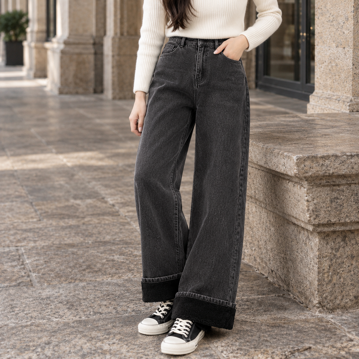 Fortunata | Women's High-Waisted Fleece-Lined Wide-Leg Jeans - Winter Warmth