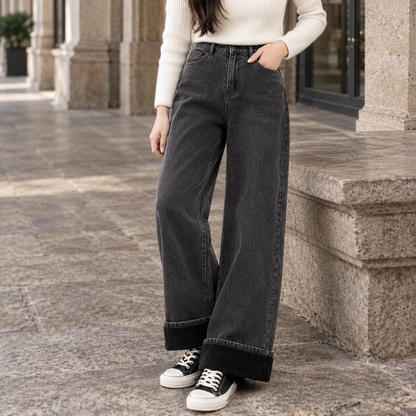Fortunata | Women's High-Waisted Fleece-Lined Wide-Leg Jeans - Winter Warmth