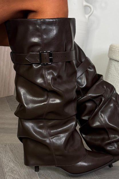 Adriana | Brown Slouchy Women's Knee-High Boots with Heel and Buckle - Bold Look
