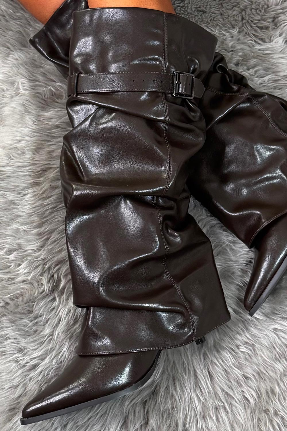 Adriana | Brown Slouchy Women's Knee-High Boots with Heel and Buckle - Bold Look