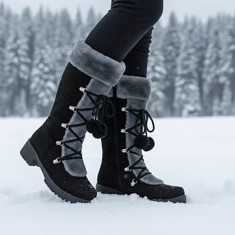 Marina | Women's Tall Lace-Up Winter Boots with Pom-Poms - Reliable Warmth