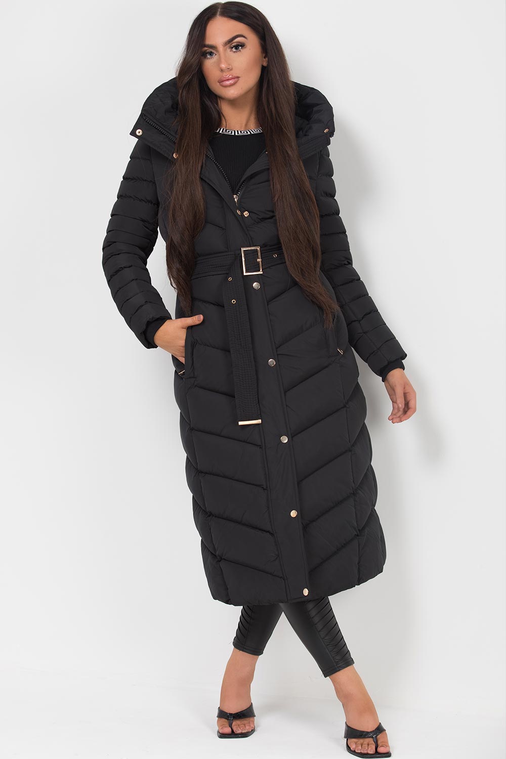 Fulvia | Women's Long Padded Coat with Hood, Belt, and Gold Detail - Winter Look