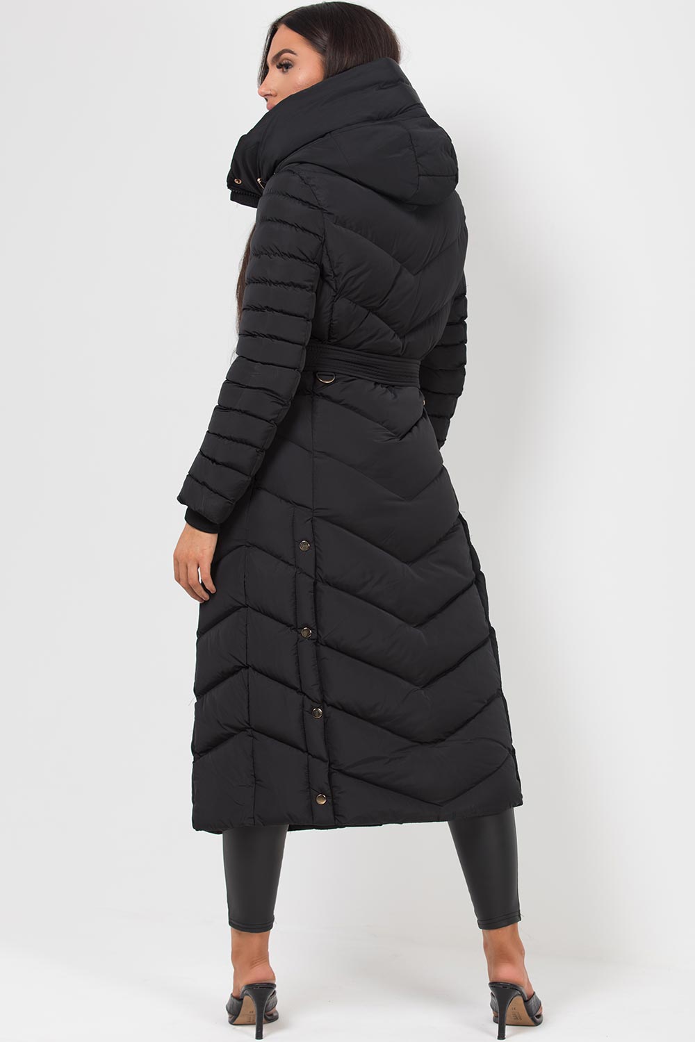 Fulvia | Women's Long Padded Coat with Hood, Belt, and Gold Detail - Winter Look