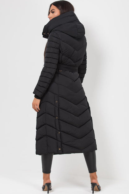 Fulvia | Women's Long Padded Coat with Hood, Belt, and Gold Detail - Winter Look