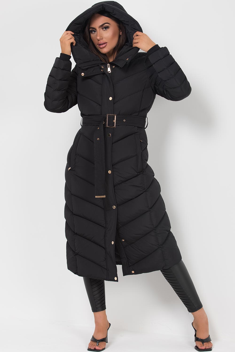 Fulvia | Women's Long Padded Coat with Hood, Belt, and Gold Detail - Winter Look
