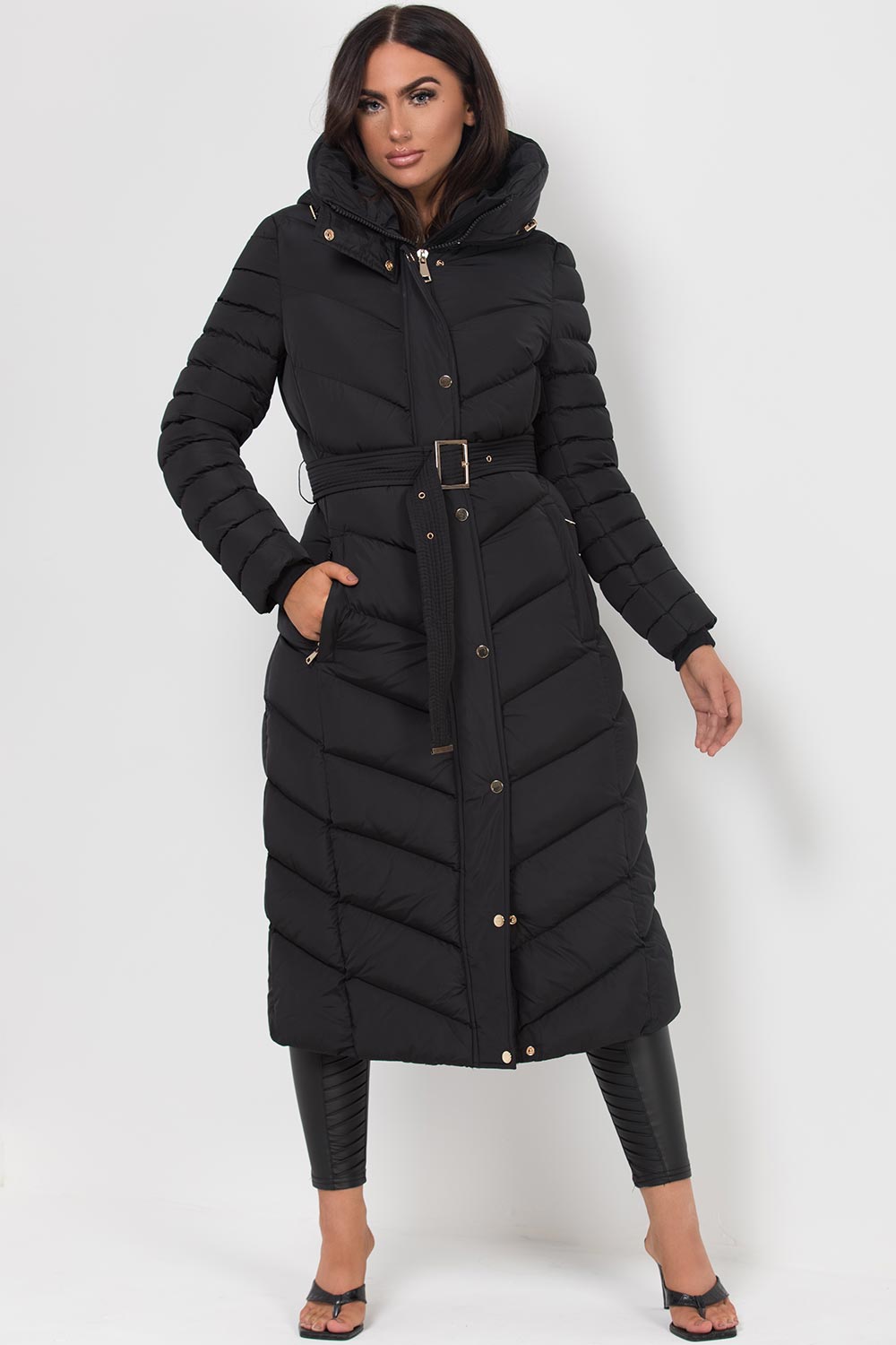 Fulvia | Women's Long Padded Coat with Hood, Belt, and Gold Detail - Winter Look