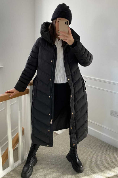 Fulvia | Women's Long Padded Coat with Hood, Belt, and Gold Detail - Winter Look