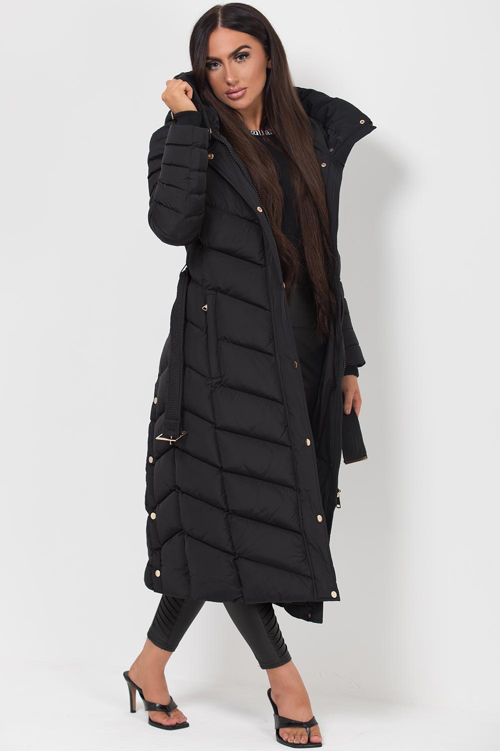 Fulvia | Women's Long Padded Coat with Hood, Belt, and Gold Detail - Winter Look