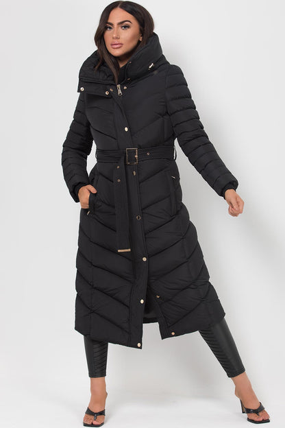 Fulvia | Women's Long Padded Coat with Hood, Belt, and Gold Detail - Winter Look