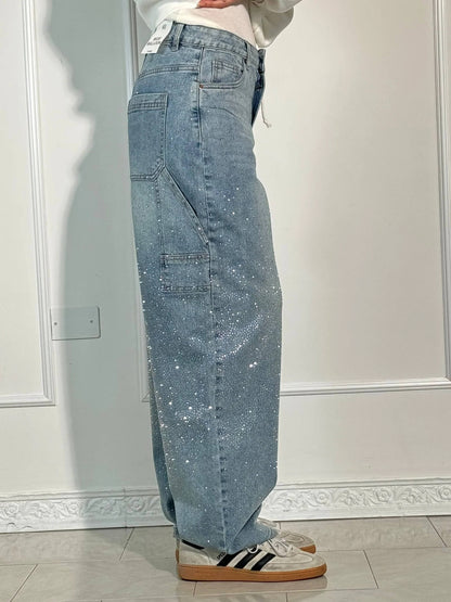 Cristiana | Women's Wide-Fit Jeans with Rhinestones and Cargo Pockets - Sparkling Look