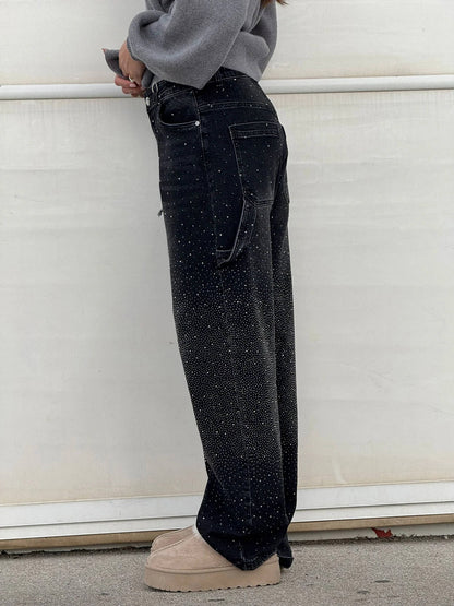 Cristiana | Women's Wide-Fit Jeans with Rhinestones and Cargo Pockets - Sparkling Look