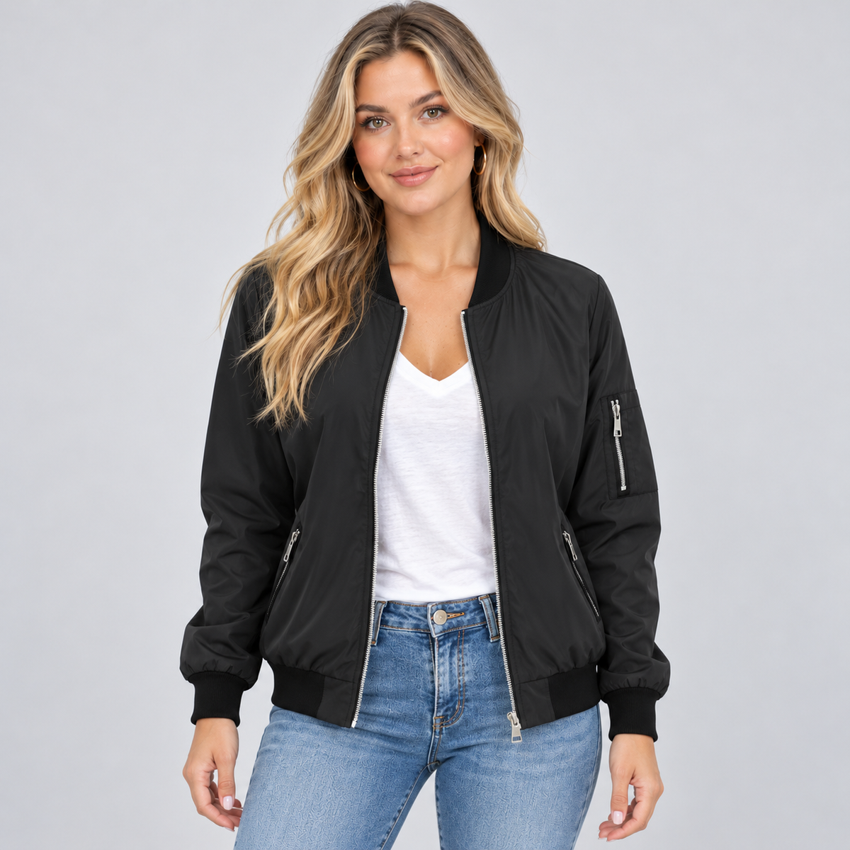 Giulia | Women's Bomber Jacket with Zip, Diagonal Pockets and Black Ribbed Trim - Urban Look
