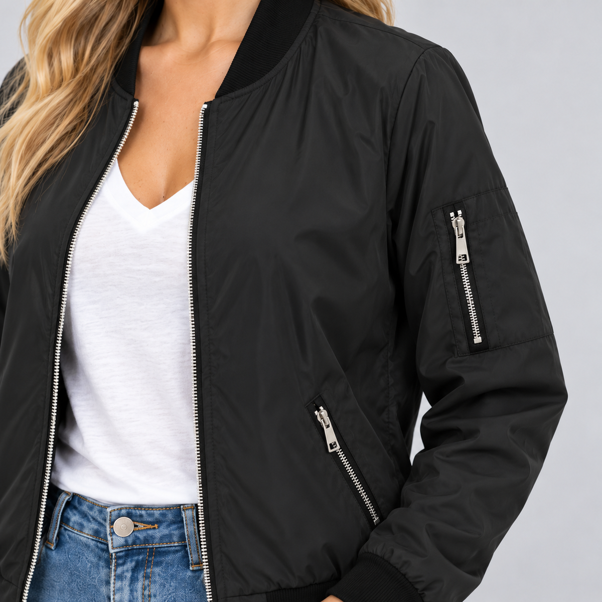 Giulia | Women's Bomber Jacket with Zip, Diagonal Pockets and Black Ribbed Trim - Urban Look
