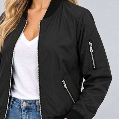 Giulia | Women's Bomber Jacket with Zip, Diagonal Pockets and Black Ribbed Trim - Urban Look