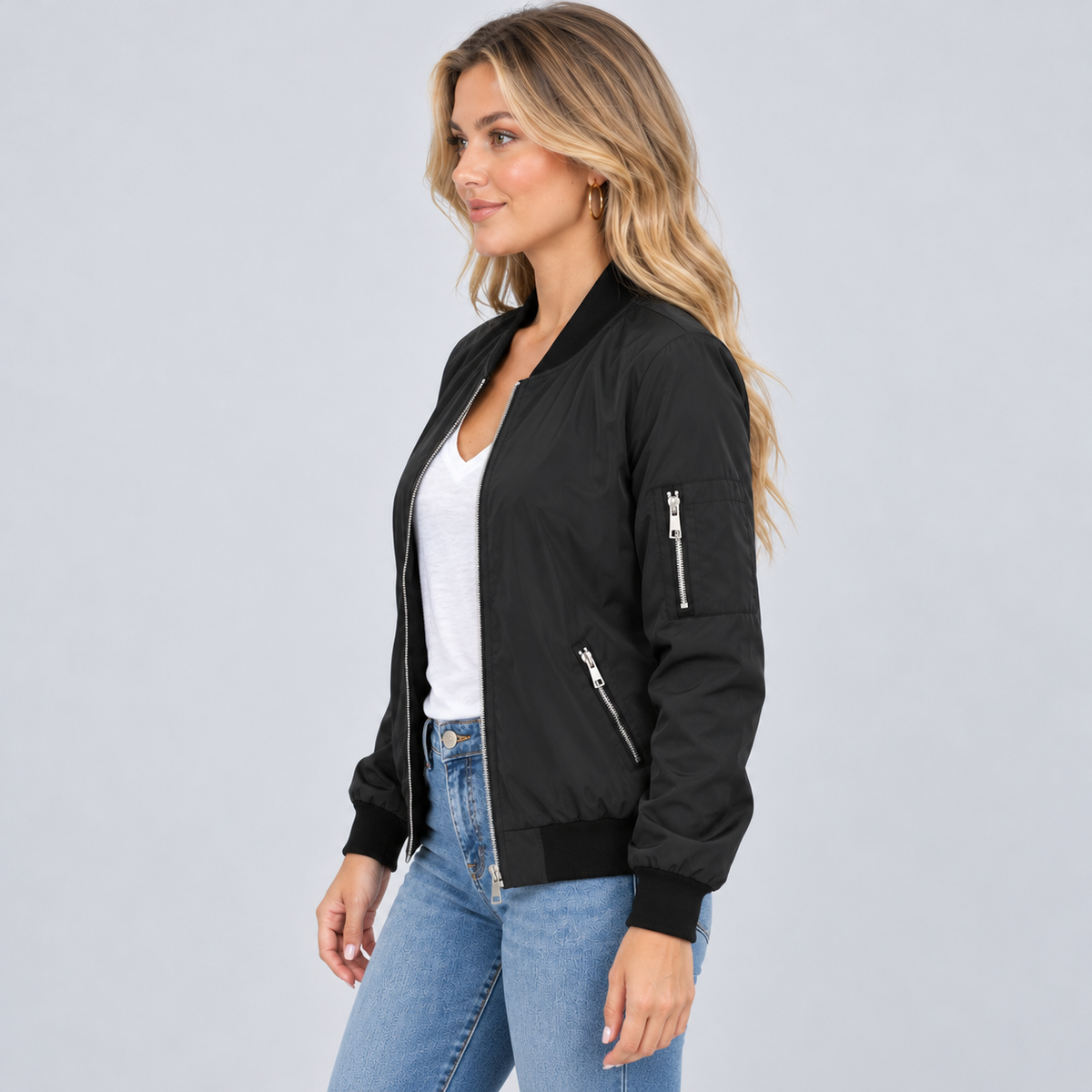 Giulia | Women's Bomber Jacket with Zip, Diagonal Pockets and Black Ribbed Trim - Urban Look