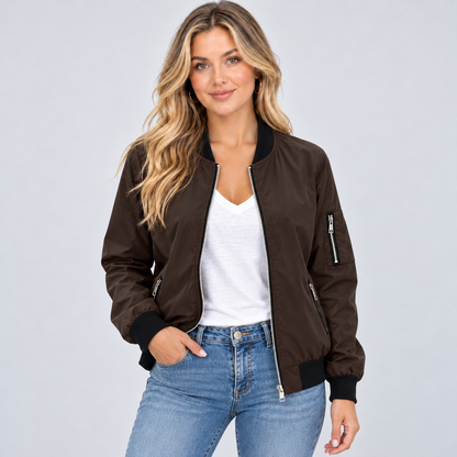 Giulia | Women's Bomber Jacket with Zip, Diagonal Pockets and Black Ribbed Trim - Urban Look