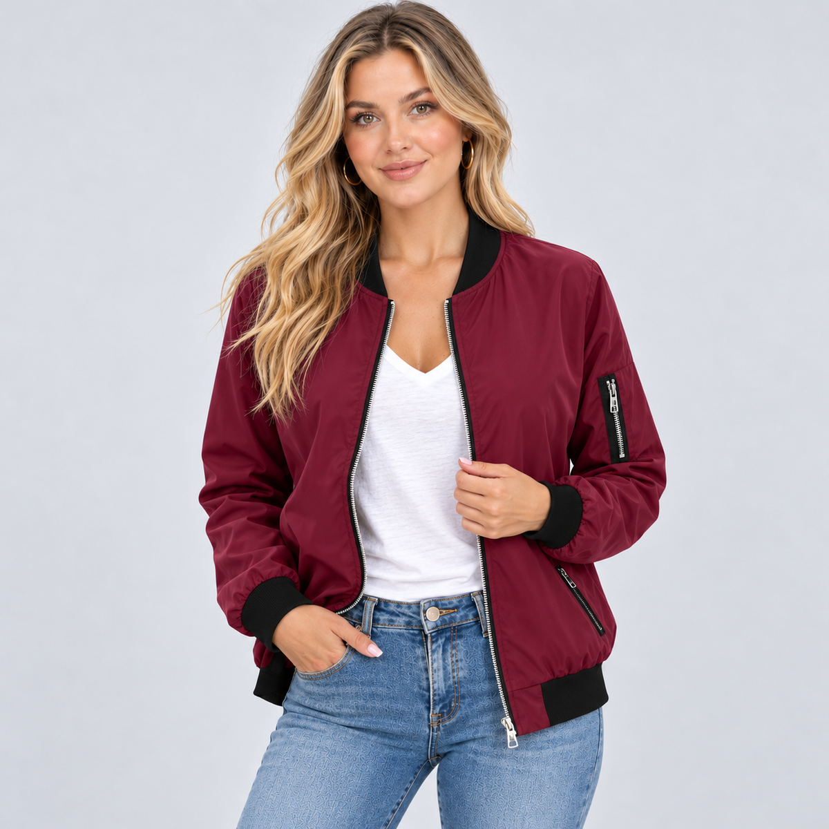 Giulia | Women's Bomber Jacket with Zip, Diagonal Pockets and Black Ribbed Trim - Urban Look