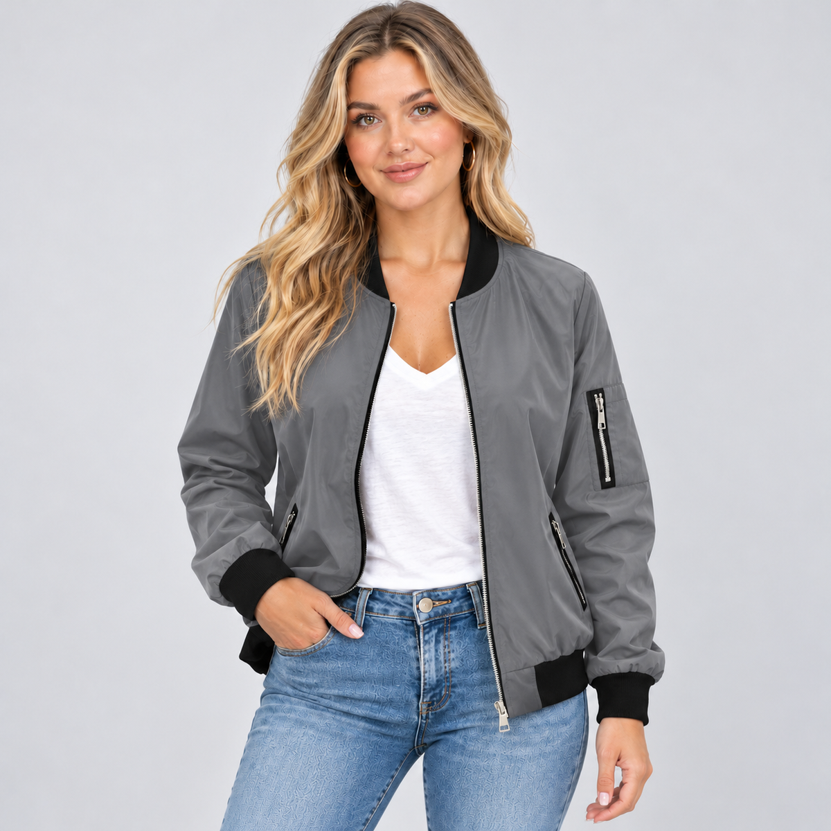 Giulia | Women's Bomber Jacket with Zip, Diagonal Pockets and Black Ribbed Trim - Urban Look