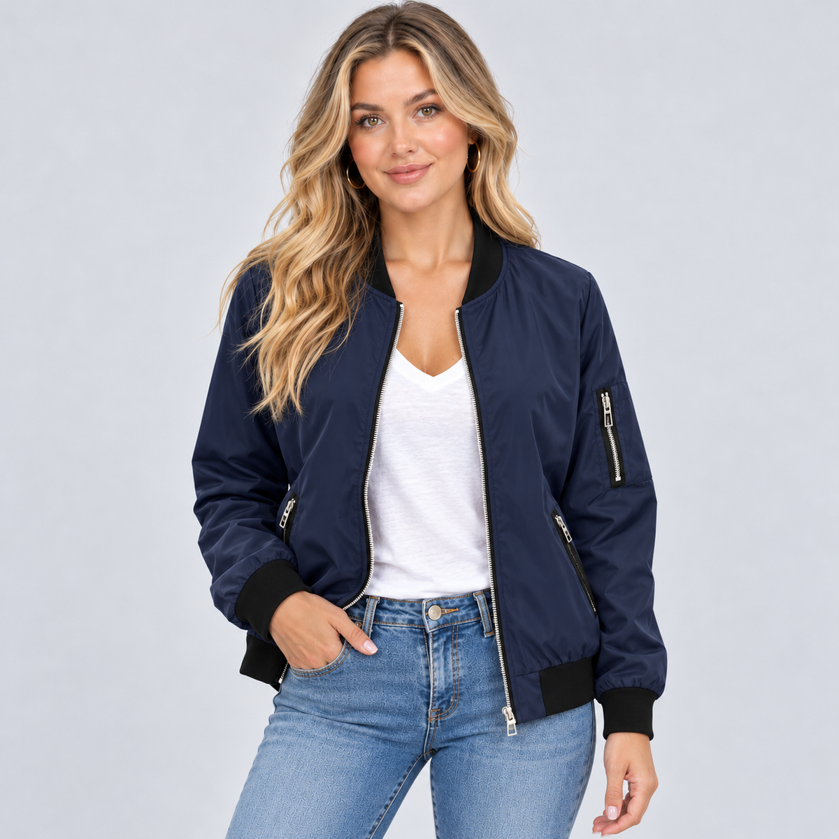 Giulia | Women's Bomber Jacket with Zip, Diagonal Pockets and Black Ribbed Trim - Urban Look