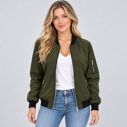 Giulia | Women's Bomber Jacket with Zip, Diagonal Pockets and Black Ribbed Trim - Urban Look