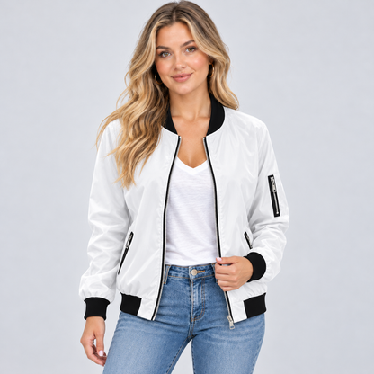 Giulia | Women's Bomber Jacket with Zip, Diagonal Pockets and Black Ribbed Trim - Urban Look
