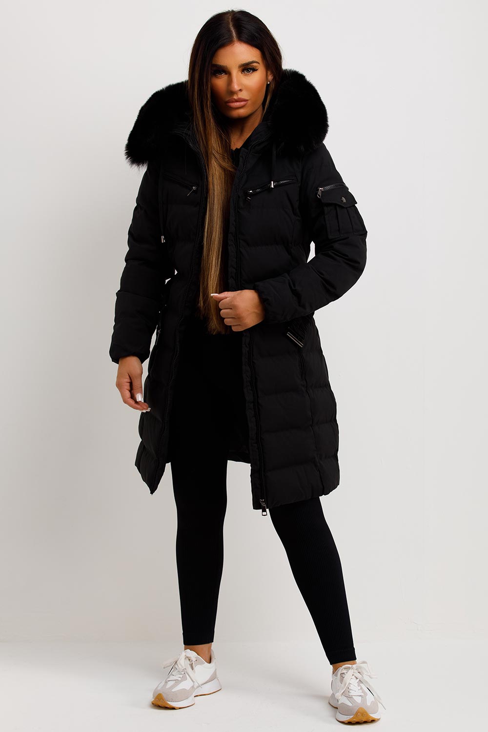 Ada | Women's Long Padded Coat with Fur Hood and Belt - Winter Warmth