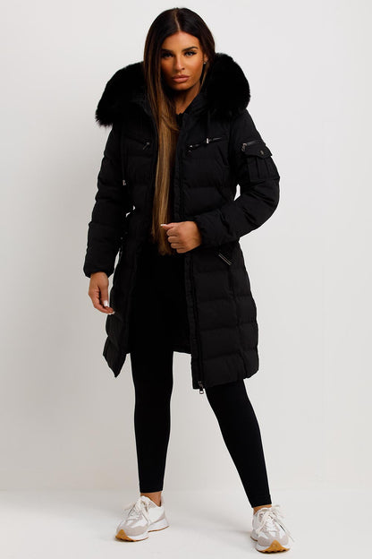 Ada | Women's Long Padded Coat with Fur Hood and Belt - Winter Warmth