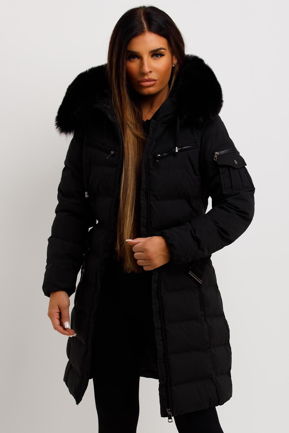 Ada | Women's Long Padded Coat with Fur Hood and Belt - Winter Warmth