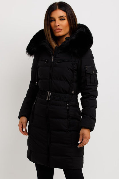 Ada | Women's Long Padded Coat with Fur Hood and Belt - Winter Warmth