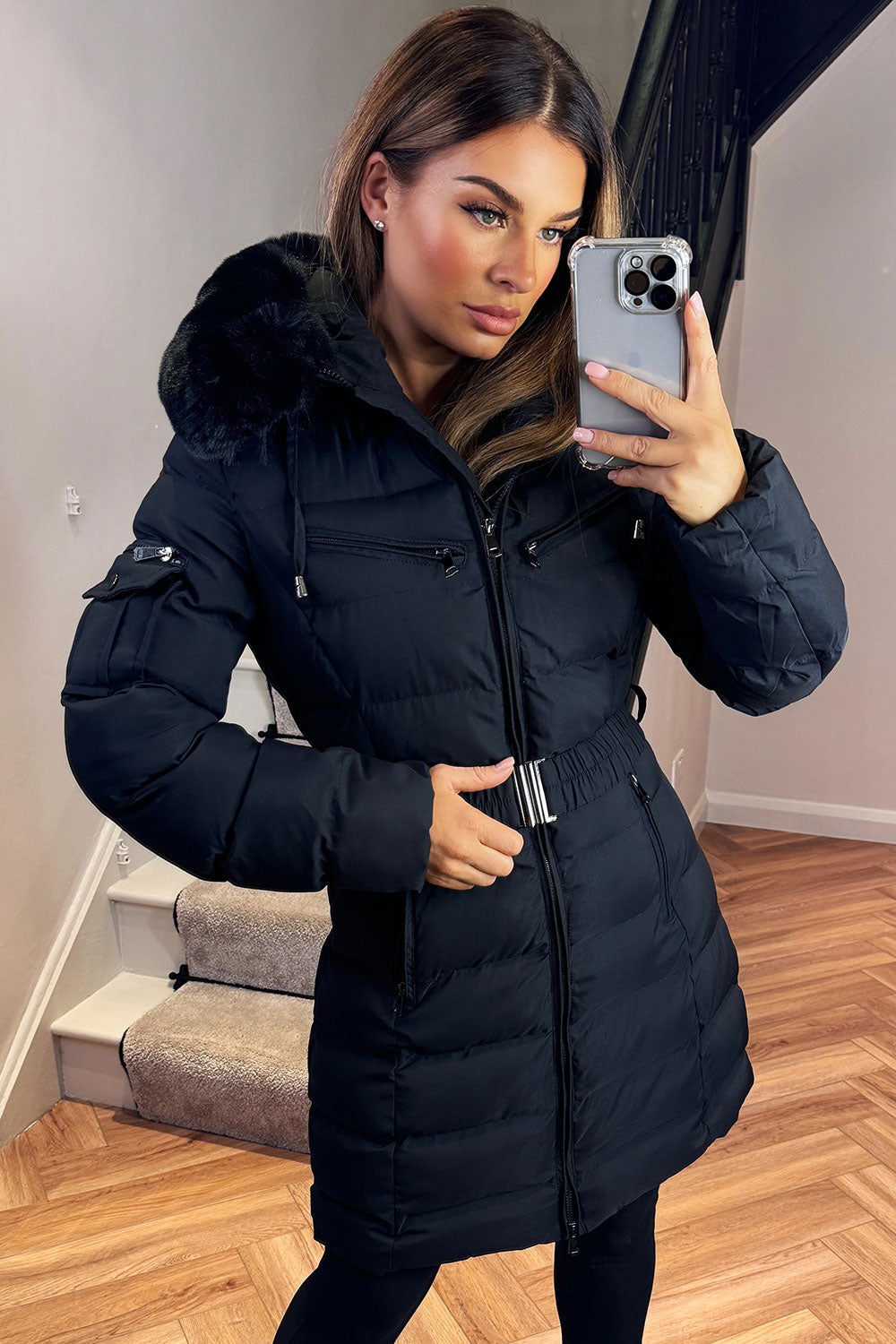 Ada | Women's Long Padded Coat with Fur Hood and Belt - Winter Warmth