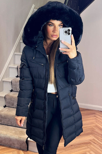 Ada | Women's Long Padded Coat with Fur Hood and Belt - Winter Warmth