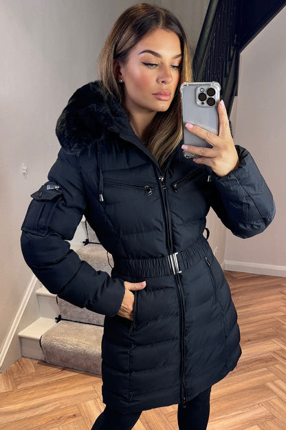 Ada | Women's Long Padded Coat with Fur Hood and Belt - Winter Warmth