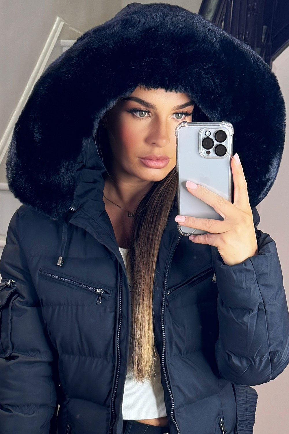 Ada | Women's Long Padded Coat with Fur Hood and Belt - Winter Warmth