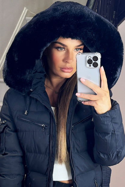 Ada | Women's Long Padded Coat with Fur Hood and Belt - Winter Warmth