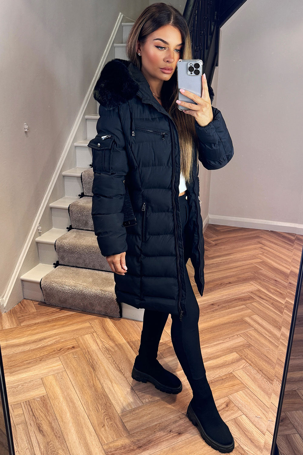 Ada | Women's Long Padded Coat with Fur Hood and Belt - Winter Warmth