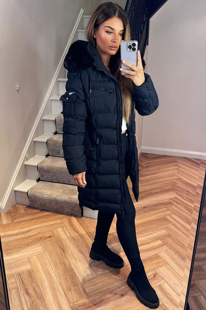 Ada | Women's Long Padded Coat with Fur Hood and Belt - Winter Warmth
