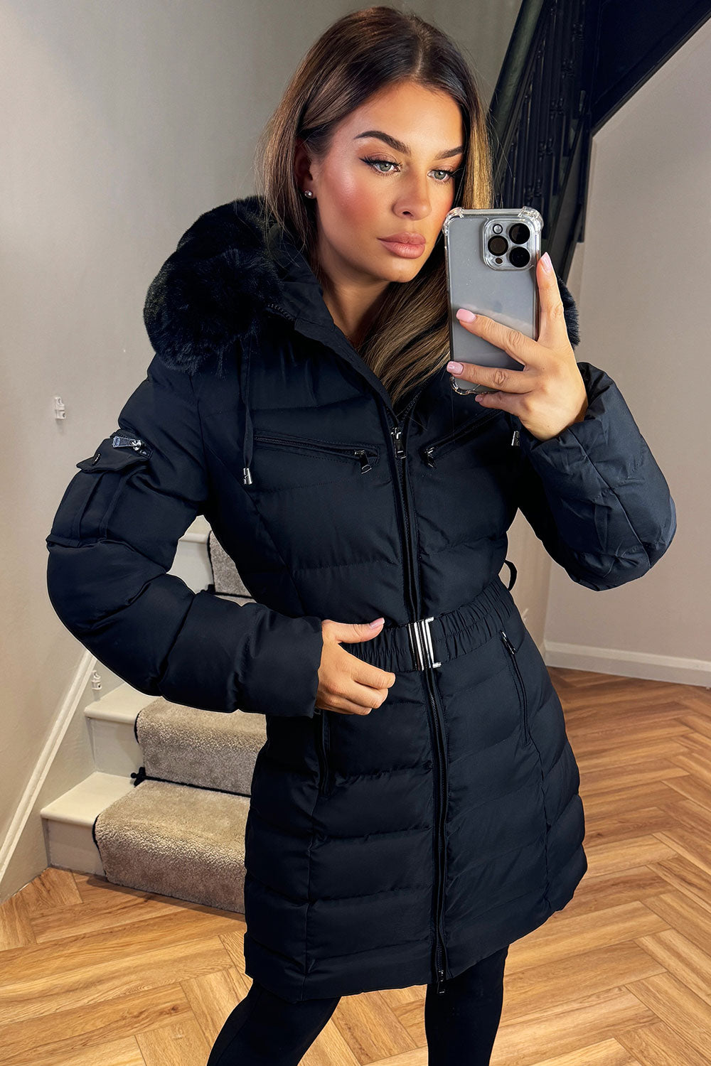 Ada | Women's Long Padded Coat with Fur Hood and Belt - Winter Warmth