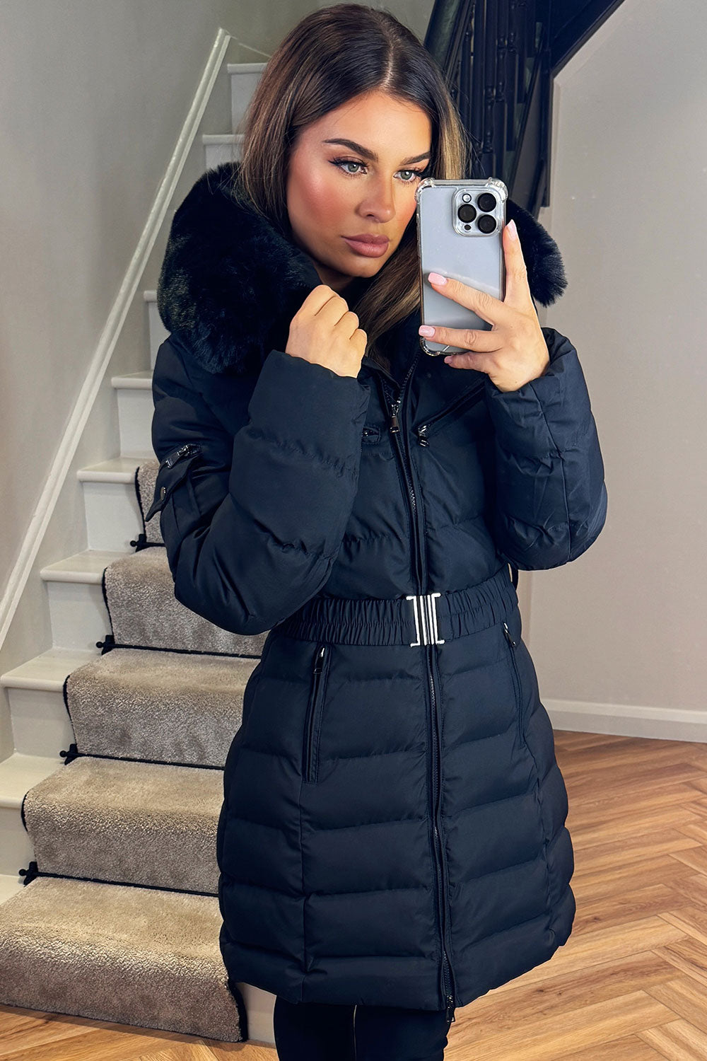 Ada | Women's Long Padded Coat with Fur Hood and Belt - Winter Warmth